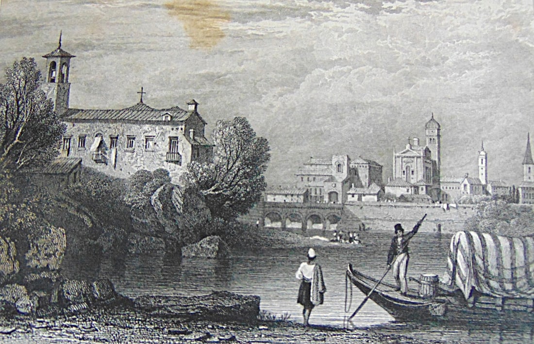 Early Engraving of Rimini - Italy: Early Engraving of Rimini - Italy Artist: Samuel Prout Print Type: Engraving Date: C1830 Origin: British Dimensions: 4.1/2 x 7 3/4" Provenance: Hill House Print