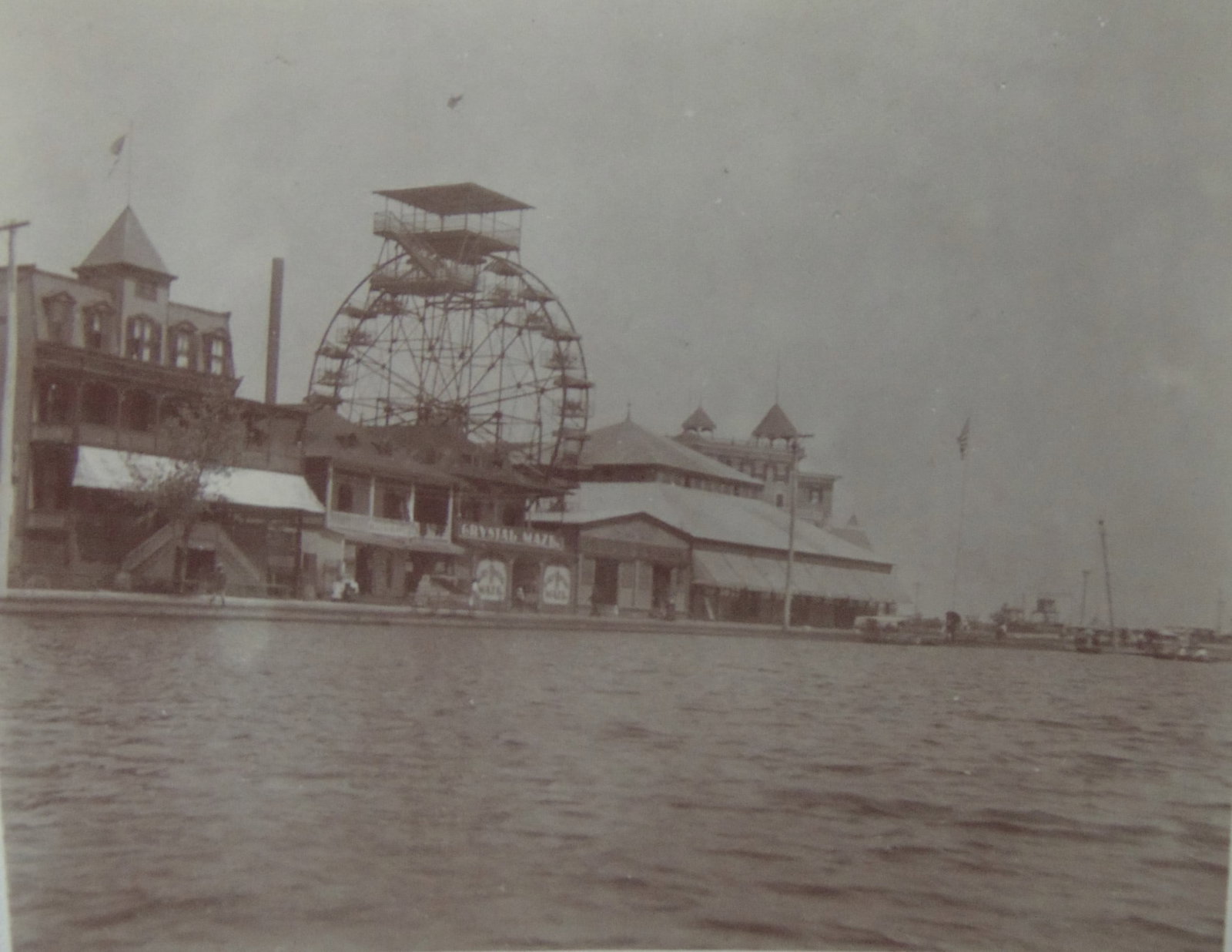 Crystal Maze - Asbury Park NJ c 1910: Shows Pier with Amusments - Photograph of Asbury Park New Jersey Shows the Crystal Maze and the Ferris Wheel Observation Deck. Extremely Rare Photographer: Unknown Dated: Circa 1910 M