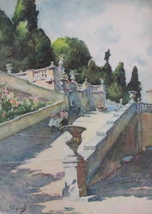 Frascati - Villa Torlonia  - Pierre Vignal: Frascati - Terraces of the Villa Torlonia  From Water Color Renderings Gardens of Rome - Pierre Vignal Portfolio Artist: After Pierre Vignal 1855 - 1925 Print Type: Color Plate Sign