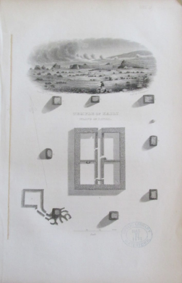 Temple of Kaili - Island of Hawaii: Temple of Kaili - Island of Hawaii With Oval Watertown Library Stamp March 27, 1871 Print Type: Engraving Date: Circa 1841 - 1854 Condition Report: Old thin glue line left. Ver
