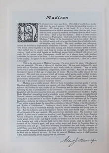 Tribute to President James Madison: Tribute to President James Madison  Print Type: Photogravure Signed: Signed in plate Date: 1907 Publisher: Bureau of National Literature & Art Dimensions: 14 x 9 3/4"<