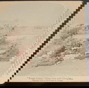 Rough Riders - Filling Belts with Cartridges: Rough Riders - Filling Belts with Cartridges A rare view. Theodore Roosevelt's Rough Riders Spanish American War In usually Fine Condition Dated: 1898 Subject: Spanish American War Medium: