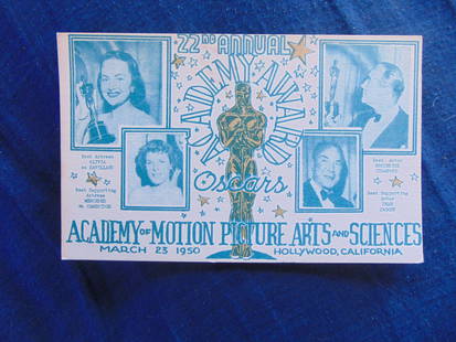 22nd Annual Academy Awards - Oscars: 22nd Annual Academy Awards - Oscars Academy of Motion Picture Arts and Sciences - Hollywood California. The 22nd Academy Awards ceremony, held on Thursday, March 23, 1950, at the RKO Pantages Theatre