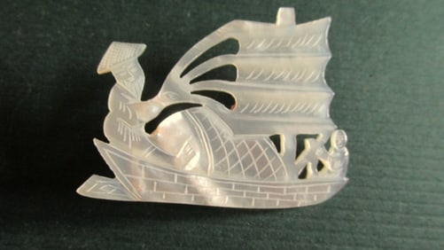 Mother of Pearl Chinese Junk Brooch