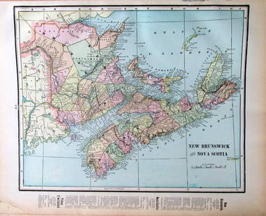 Large Map of Newfoundland [Canada]: Map of Newfoundland Canada With map of New Brunswick and Nova Scotia [and] Ontario on versos Cartographer: George Franklin Cram Dated: Circa 1900 Type: Color Lithograph Dimensions: 14 1/2 x 22"