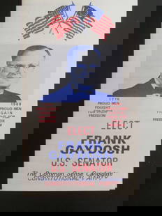 Frank Gaydosh for Senator 1968: Elect Frank Gaydosh U.S. Senator Constitutional Party. Dated: 1968 Type Pamplet Size: 2 pages folded Provenance: Hill House Condition Report Light staining. Good