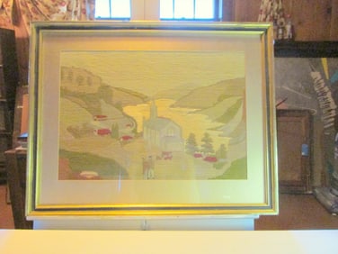 Folk Art Woolwork of a Church and Covered Bridge