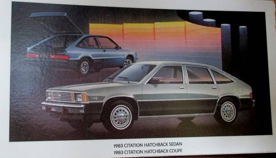 1983 Citation Hatchback Sedan Advertising Sign: 1983 Citation Hatchbacks Dealer Showroom Advertising Sign  Type: Cardboard Sign Advertiser: Chevorlet Product: 1983 Caprice Classic Sedan Date: 1983 Origin United States