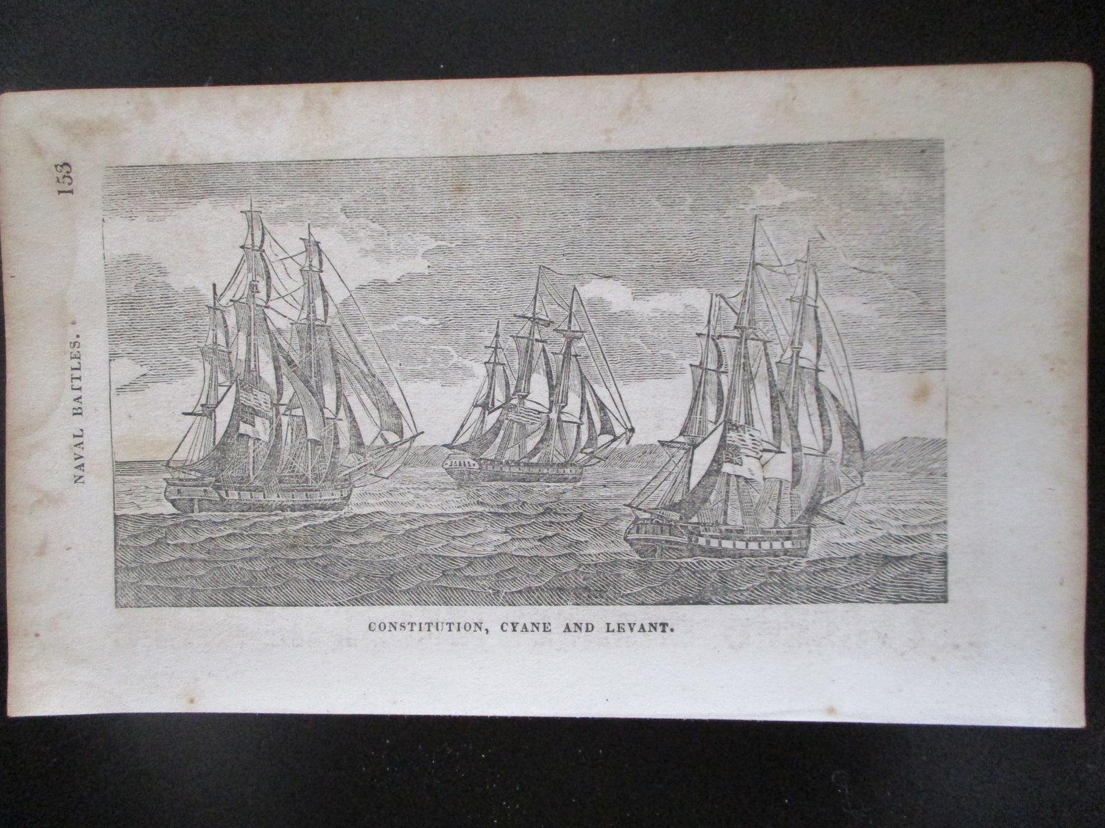Constitution, Cyane and Levant: Constitution, Cyane and Levant Shows the British warships Cyane and Levant at center and left, and the USS Constitution on the right. Print Type: Wood Engraving