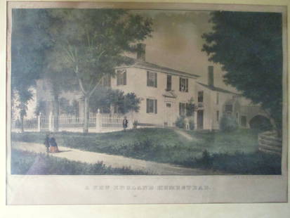 A New England Homestead - Nathaniel Currier: A New England Homestead Artist: Nathanial Currier Print Type: Stone Lithograph Date: 1852 Origin: American Dimensions: SS 9 x 13"<