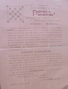 Paper Hangings (Wallpaper) Broadside 1892: Paper Hangings (Wall Paper) Broadside J. S. Keimig & Co. Elizabeth, New Jersey. On laid Salmon color paper. Folds as issued. Extremely Rare. Dated: March 1st, 1892 Type Broadside - Advert