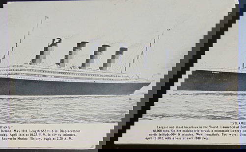 Steamer Titanic (RMS) Postcard Noting Tragedy: Steamer Titanic (RMS) Postcard Noting Tragedy On verso: "This is a picture of the Steamer Titanic sunk. No Doubt your home (and) read about it. Wasn't it awful" Subject References:  PCB2