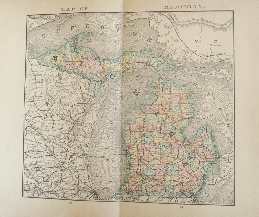 Map of Michigan: Map of Michigan Dimensions: 10 x 13" Condition Report Good. Center fold as issued. Text on verso. Subject References: BL1830