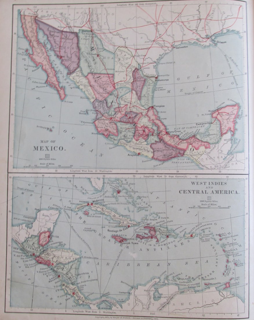Map of Mexico - West Indies & Central America: Map of Mexico - West Indies & Central America Color Map. Publisher Harper Brothers Dated: 1888 Dimensions: 12 x 9" Condition Report Text