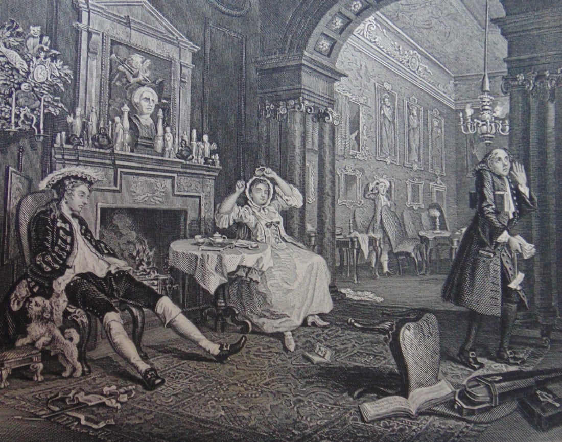 Marriage A La Mode #2 - William Hogarth: Marriage A La Mode #2 - William Hogarth Breakfast Scene Artist: After Willaim Hogarth Print Type: Engraving Date: nd Dimensions: 12 x 8" Condition Report: Very