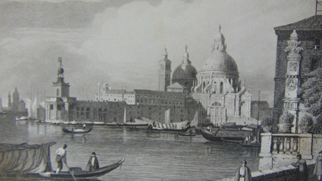Early Engraving of The Dogana Da Mare Italy: Early Engraving of The Dogana Da Mare Italy Artist: Samuel Prout Print Type: Engraving Date: C1830 Origin: British Dimensions: 4.1/2 x 7 3/4" Provenance: