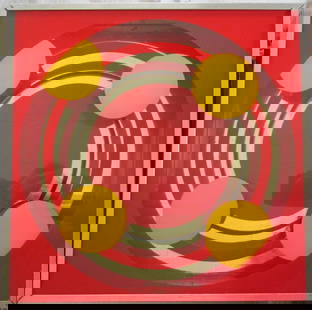 Yellow Rings in Red Circles - Modernist: Yellow Rings in Red CirclesModernist. Painting on mirrored glass. Very unusual. Date: Circa 1950's Signed: Unsigned Style: Modernist Art Origin: American Size: 12 x 12" square Frame: Metal