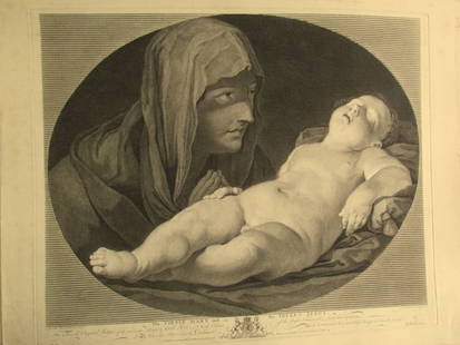 The Virgin Mary and The Infant Jesus - 1765: Old Master - The Virgin Mary and The Infant Jesus The Virgin in prayer, looking at the sleeping infant Christ, in an oval frame, after ReniEngraved by Simon Francis Ravenet, the elder (French,