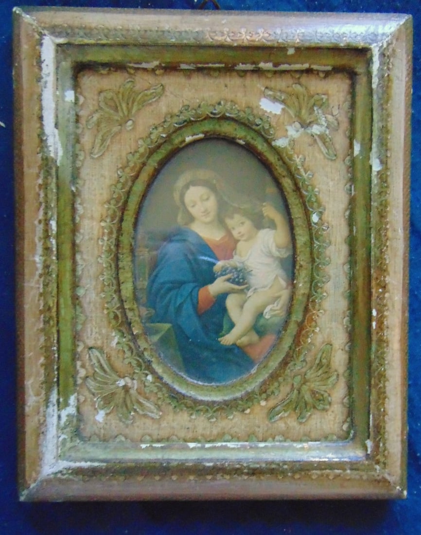 Oval Print Mother & Child with Grapes: Mother & Child with GrapesPossibly French. Date: 19th/20th century Origin: Probably French Dimensions: 6 x 4.5 including frame Condition Report: Some gesso on frame scrapped.