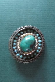 Turquoise & Pearl Antique Silver Brooch & Pendent