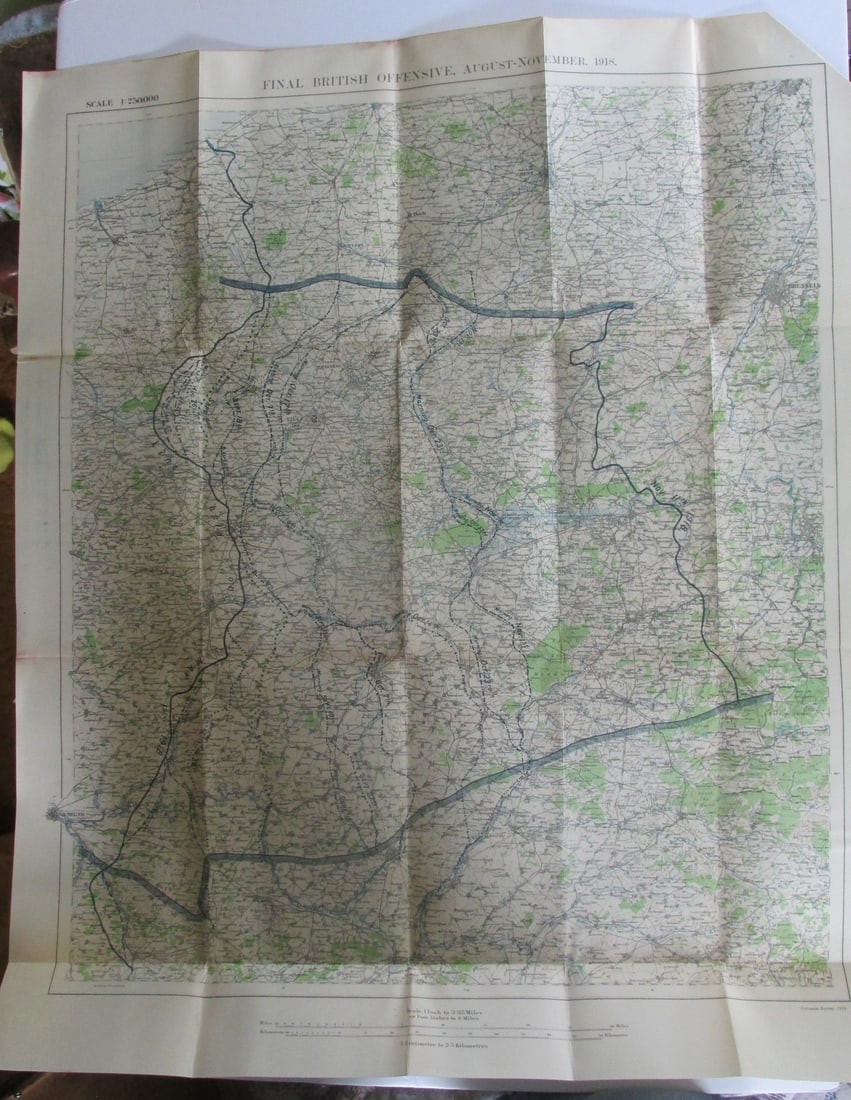 Final British Offensive August - November 1918 Map: Final British Offensive August to November 1918 World War I One. Linen backed. Map 8 - Ordnance Survey - Large Map with Scale Publisher British Dated: 1919