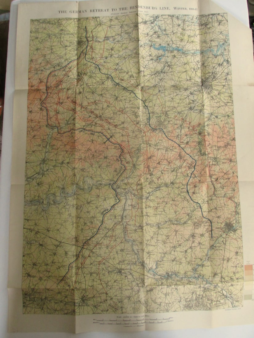 The German Retreat to the Hindenburg Line 1916 Map: The German Retreat to the Hindenburg Line 1916 - 1917 World War I One. Linen backed. Map 2 - Ordnance Survey - Large Map with Scale Publisher British Dated: 19