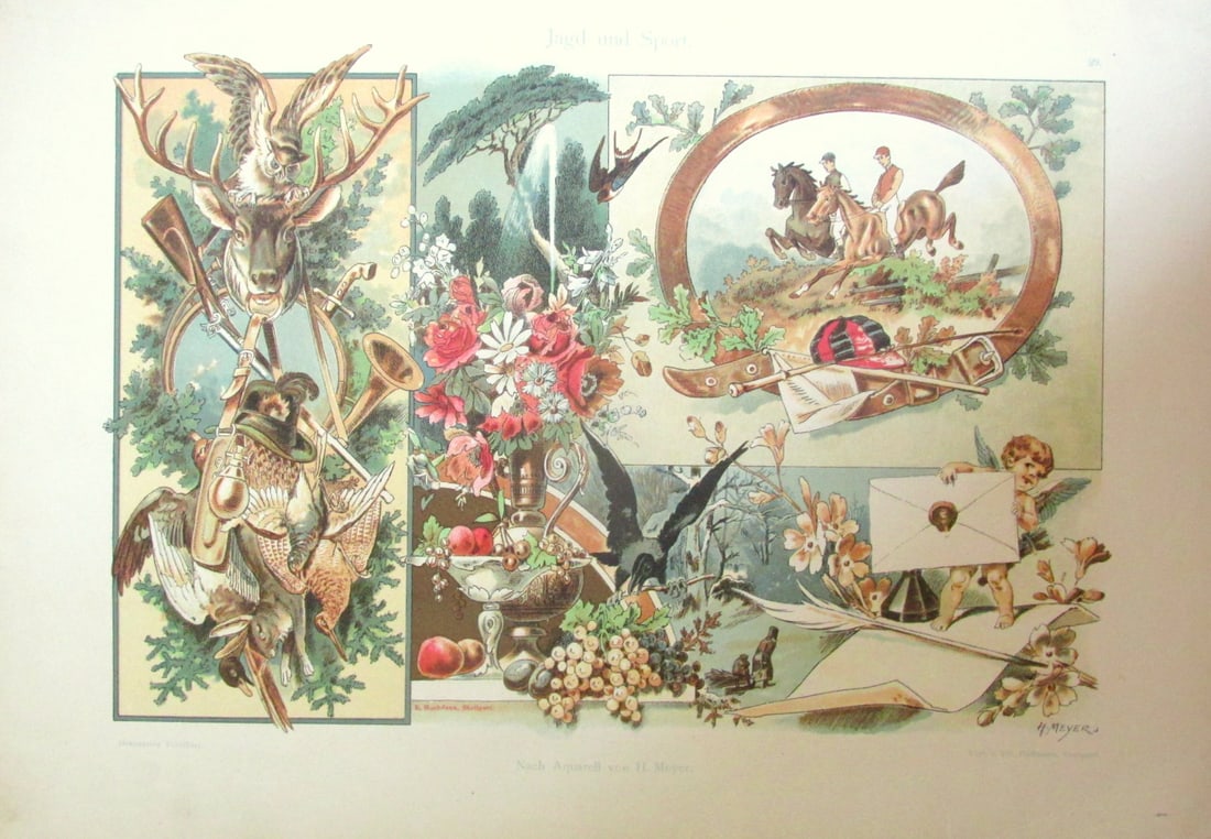 Hunting and Sport After Watercolors by H Meyer: Hunting and Sport After Watercolors by Von H. Meyer Print Type: Chromolithograph Date: Circa 1890 Publisher: Jul Hoffman Dimensions: 9 1/2 x 13 1/2<