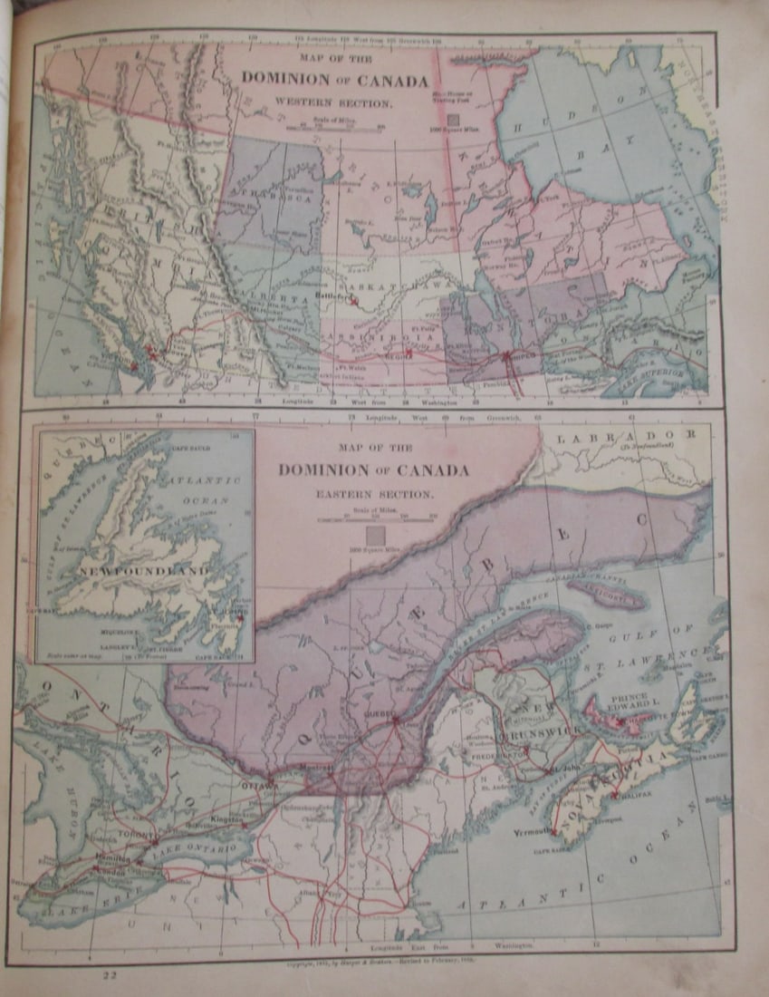 Map of Eastern & Western Canada: Map of Eastern & Western Canada Color Map. Publisher Harper Brothers Dated: 1888 Dimensions: 12 x 9" Condition Report Text on verso. Good