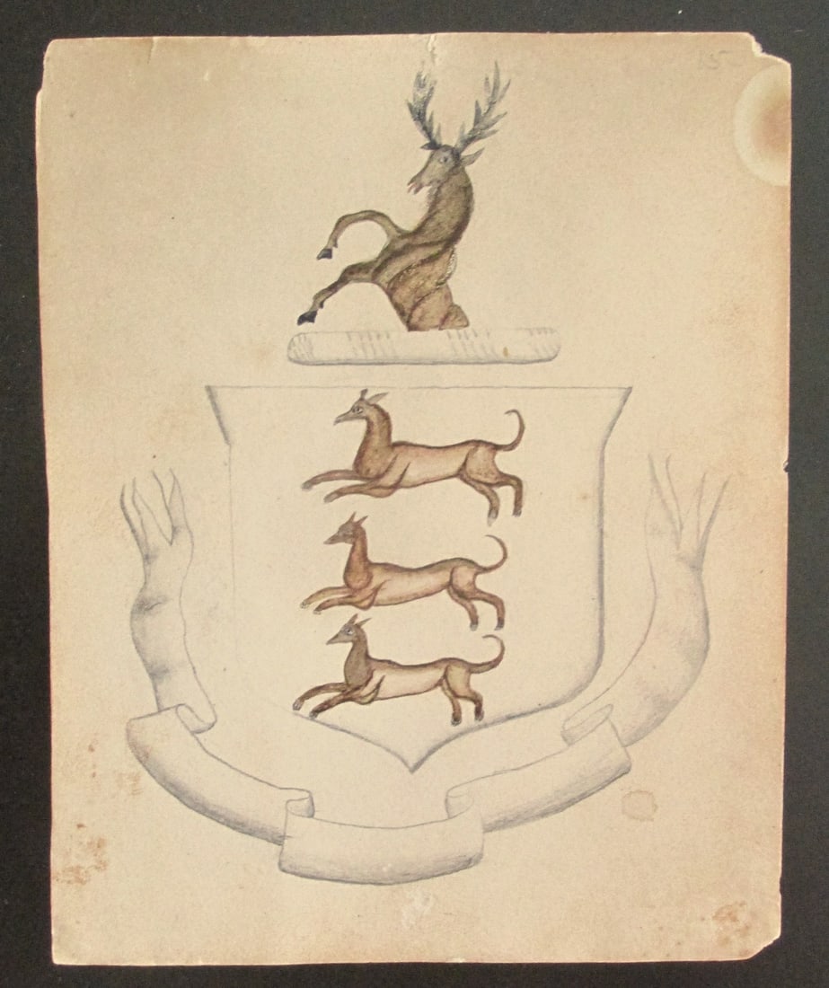 Running Deer - Family Crest Heraldry: Running Deer - Family Crest Early Family Heraldry. Probably British. Scarce Medium: Watercolor Date: Circa 1830 Size: 5 x 4" Condition: <