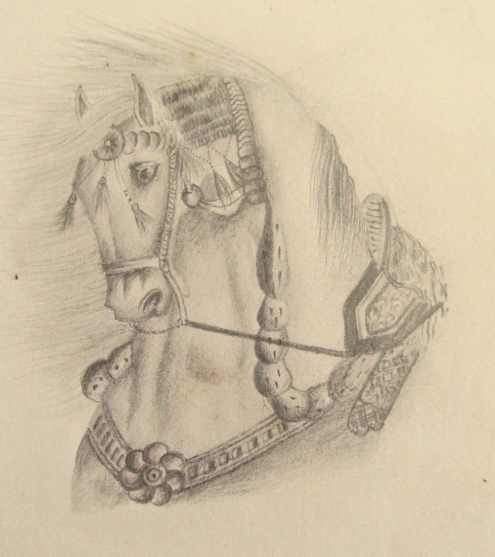 Graphite of Finely Mounted Horse: Graphite of Finely Mounted Horse Probably British. Greatly detailed sketch, Has unreadable pressed seal in upper left corner. Medium: Graphite Date: ND Ci