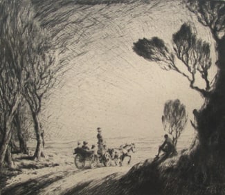 Horse & Carrage Etching - Signed Illegibly