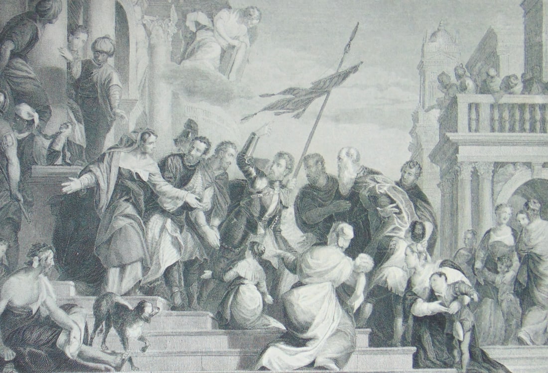 The Martydom of St Sebastian: The Martyr of St Sebastian and His Companions Artist: P Veronese Print Type: Engraving Date: C1850 Publisher: Gebbie & Barrie Dimensions: 9 1/2 x 12 1/2 Notes &