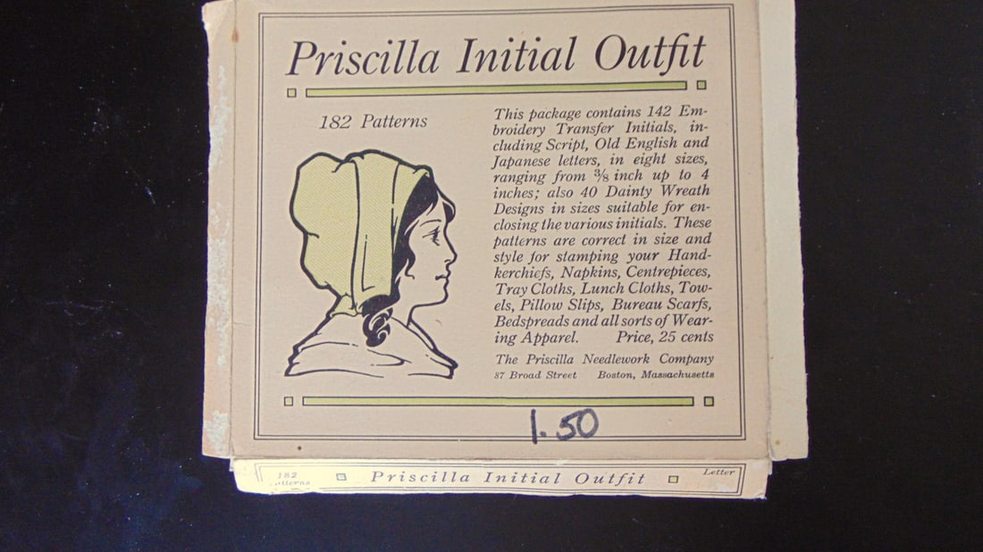 Priscilla Initial Outfit - 182 Patterns: Priscilla Initial Outfit - 182 Patterns This package contains 142 Embroidery Transfer Initials including Script, Old English and Japanese Letters in eight sizes etc. Condition Report Good. Box has we