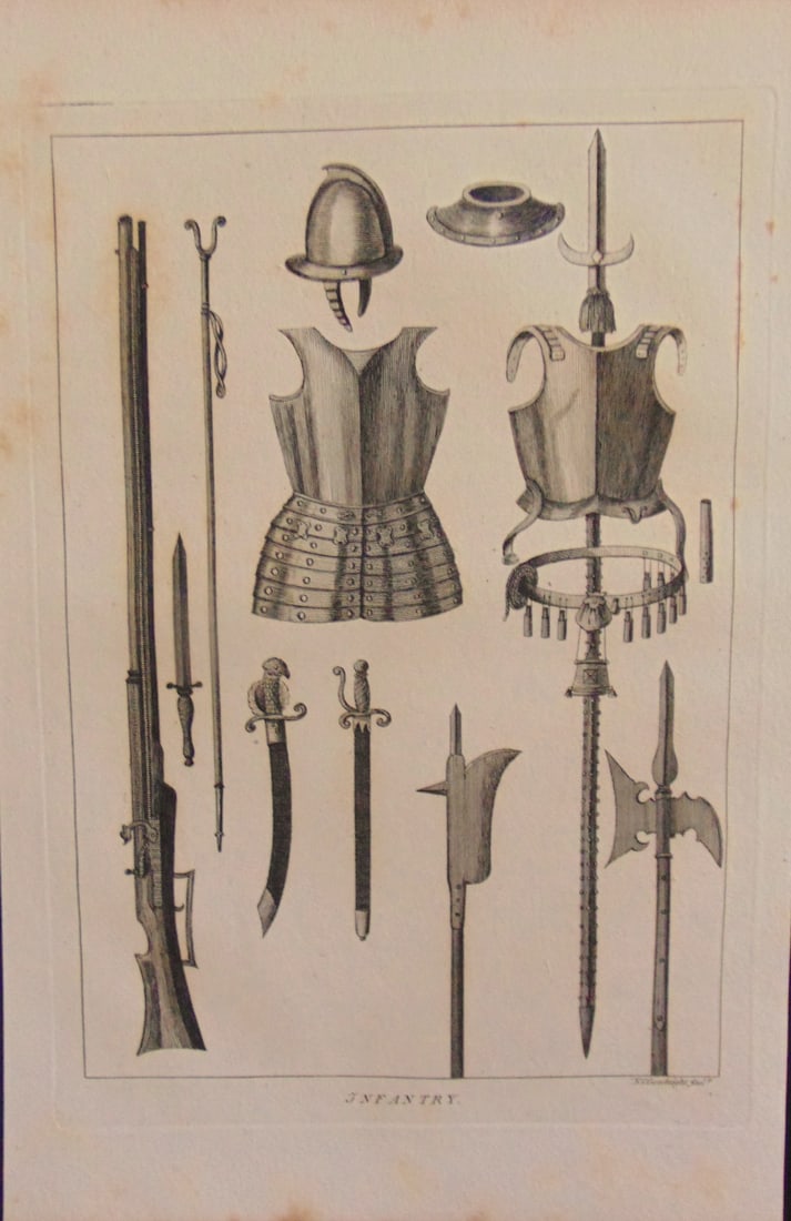 Infantry Weapons and Armour - Early: .Infantry Weapons and Armour - Early Wonderful impression and detail. Rare Artist: N.C Goodnight Print Type: Copper Engraving Date: 18th cent