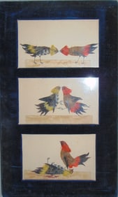 Triptych Cock Fight in Velvet Frame