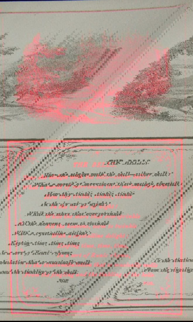 The Bells - Edgar Allan Poe: The Bells Verso of card is blank. Victorian Card - Rare Dated: 19th Century Type Lithograph Size: 4 3/4 x 3 1/2" Condition Report Very Good Plus Subject Refer