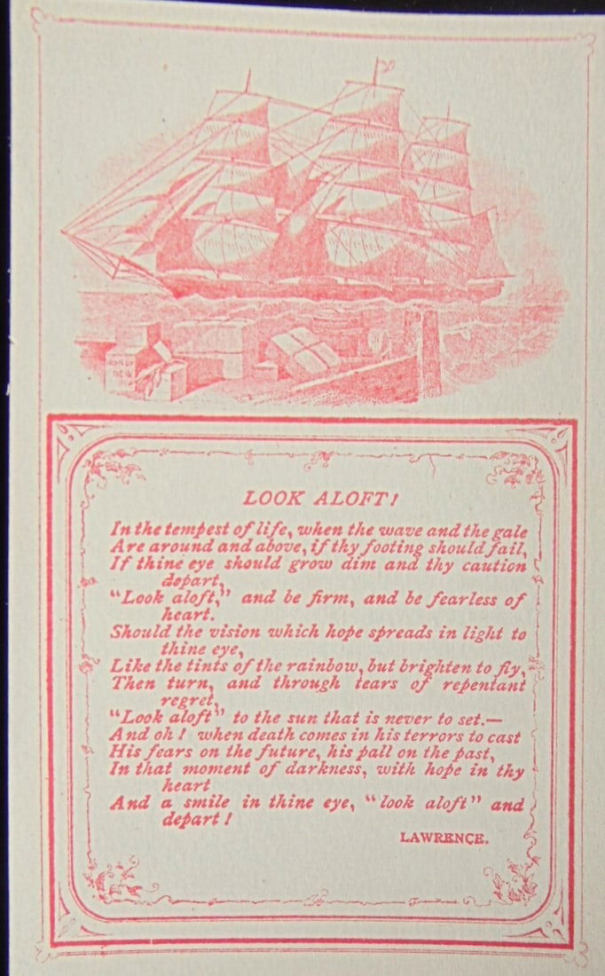 Look Aloft - Lawrence - Clipper Ship: Look Aloft - Lawrence - Clipper Ship Verso of card is blank. Victorian Card - Rare Dated: 19th Century Type Lithograph Size: 4 3/4 x 3 1/2" Condition Report Very Good Pl