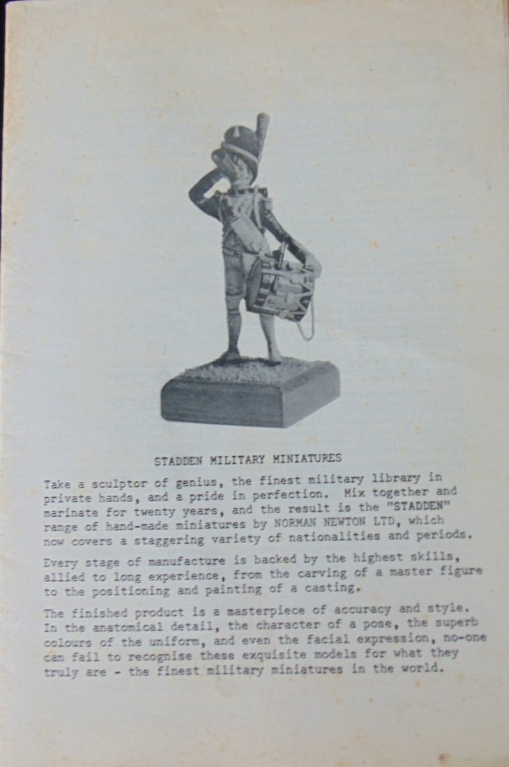 Stadden Military Miniatures - Listing: Stadden Military Miniatures - Catalogue of Figures Large and Comprehensive List. Rare Pages: 17 pages plus addendum Binding: Paper Covers Condition Report: Very Good