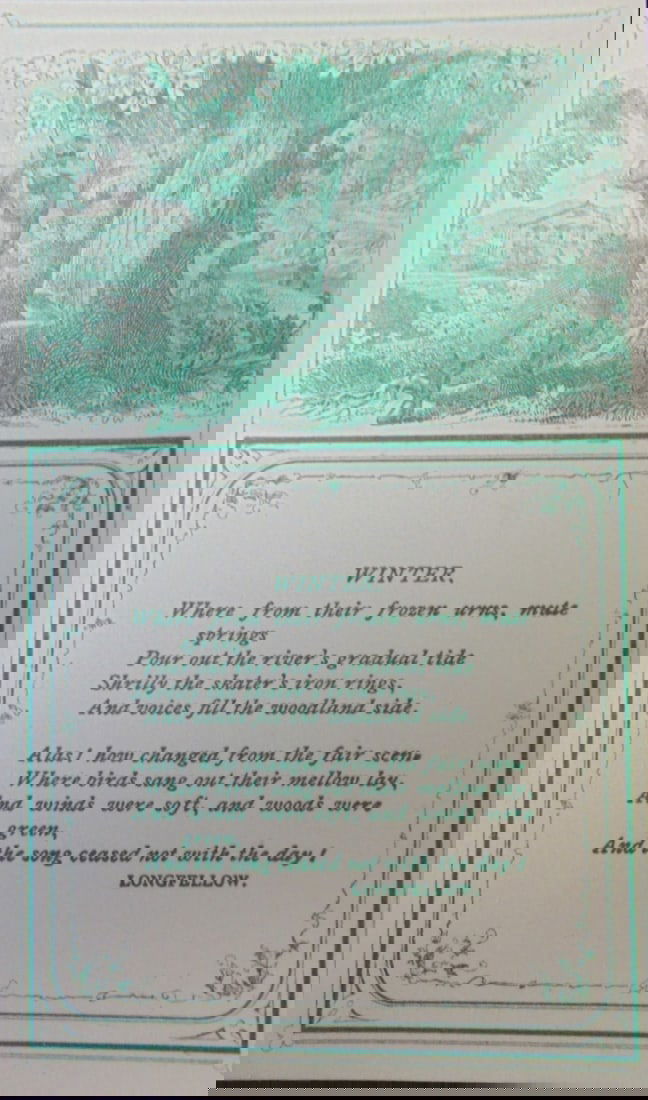 Winter - Longfellow: Winter - Longfellow Verso of card is blank. Victorian Card - Rare Dated: 19th Century Type Lithograph Size: 4 3/4 x 3 1/2" Condition Report Very Good Plus Su