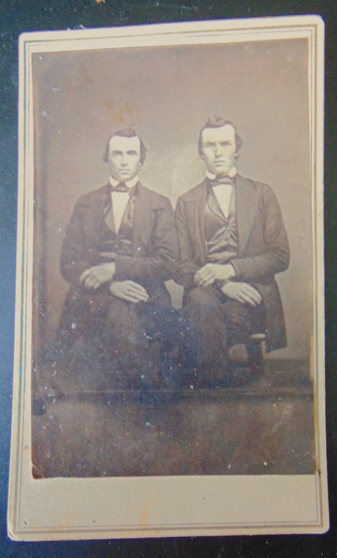 Identical Twins - CDV - Circa 1860's: Identical Twins - CDV - Circa 1860's Positioned exactly the same and with the same hair style. Civil War Period Photographer: B, F, West Dated: Circa 1860's Medium: Carte de Vista Provenance: Hill