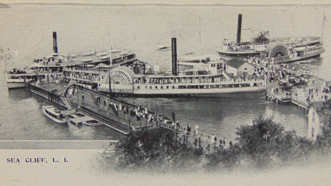 Steamboat War - Sea Cliff Long Island (New York): Steamboat War - Sea Cliff Long Island (New York) May 31, 1912. Extremely rare. One ship is the Chester. Two others are unidentified. Competition was fierce. This rare postcard shows how much