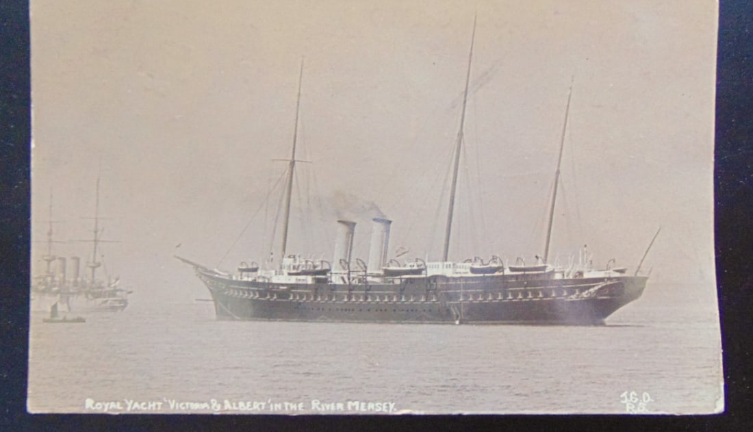 Royal Yacht Victoria and Albert RPC 1904: Royal Yacht Victoria and Albert in the River Mersey Signed in photograph J.G.D. RS (Royal Society). Extremely rare. We believe this is the only known photograph of the Royal Yacht in the river Mersey