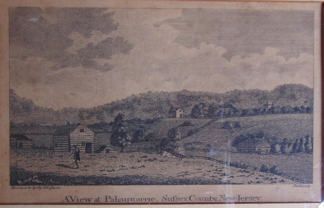 A view at Pahaquarric, Sussex County, New Jersey: A view at Pahaquarric, Sussex County, New Jersey Print shows view of countryside with log buildings in Sussex County, New Jersey.. drawn on the spot by I. Hoffman A very early picture of New Jersey. O