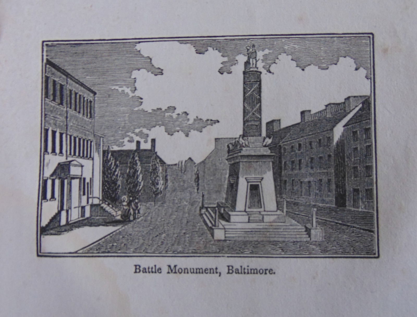 Early Wood Engraving - Battle Monument - Baltimore: Early Wood Engraving of Battle Monument - Baltimore Print Type: Wood Engraving Date: 1st half 19th century Dimensions: 5 x 4" Condition Report: Some staining left corner and ri