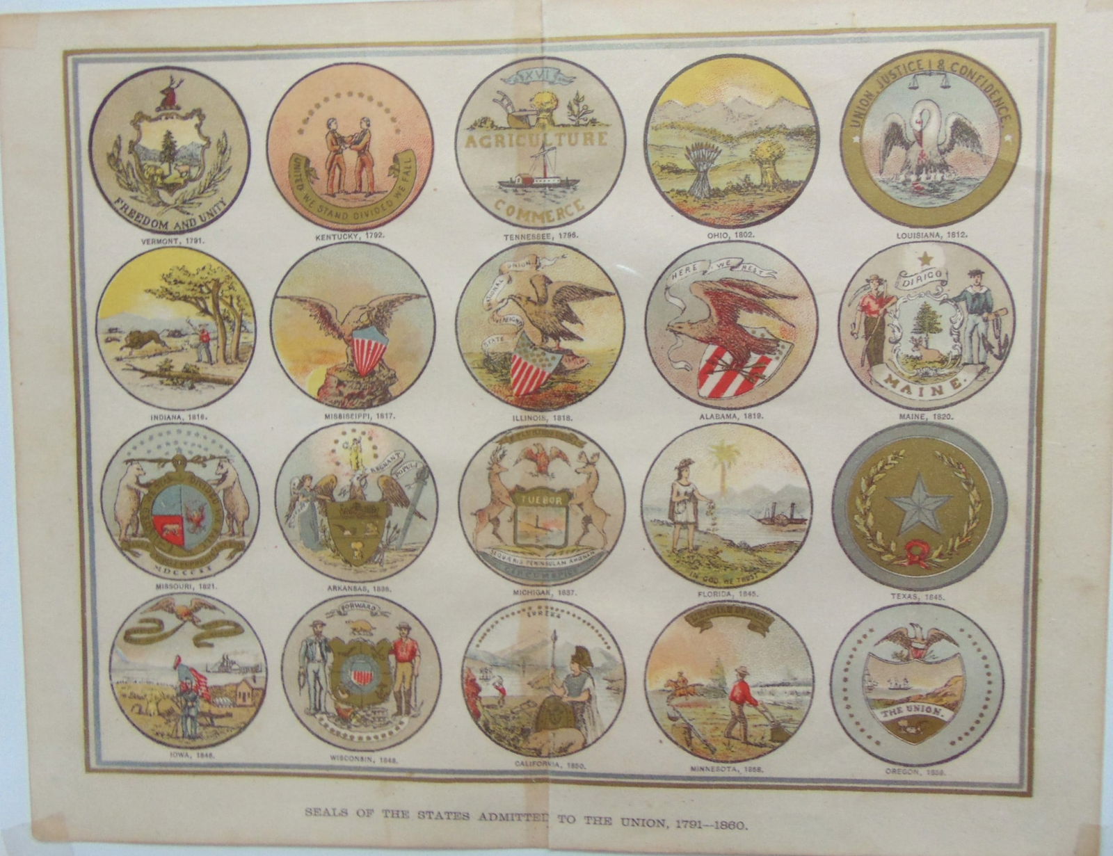 Seals of the States Admitted to the Union: Seals of the States Admitted to the Union 1791 - 1860 Comprised of 20 color seals. Date: C1864 Dimensions: 9 x 7" Condition Report: Crease center taped verso. Good plus.
