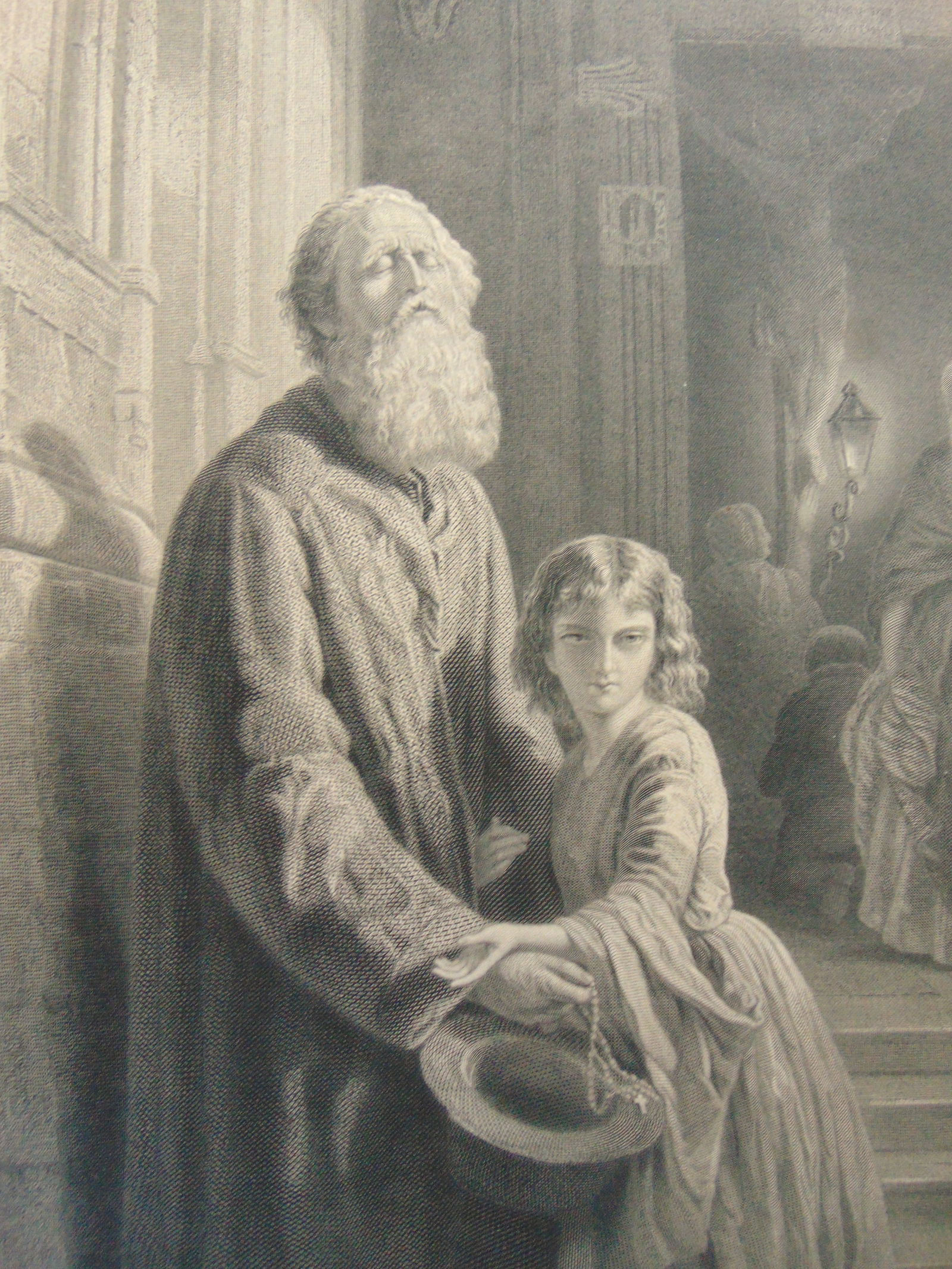 The Blind Beggar - Josephus Laurentius Dyckmans: The Blind Beggar - Josephus Laurentius Dyckmans At the door of a continental church stands the beggar, soliciting alms from the congregation leaving the sacred edifice. He is a man past the prime of h