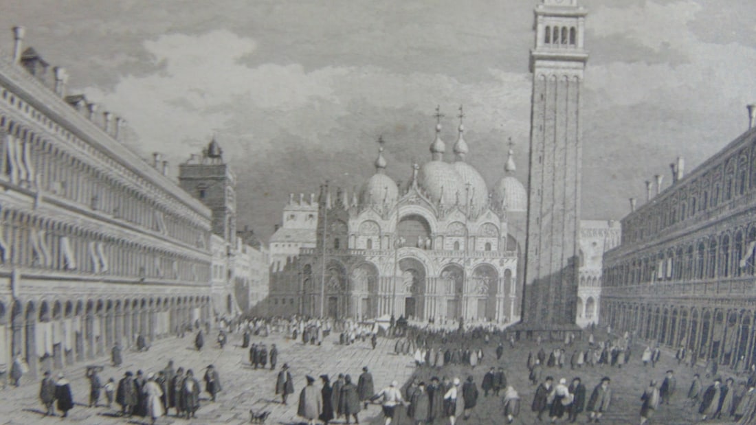 Early Engraving of St Mark's Place Italy: Early Engraving of St Mark's Place Italy Artist: Samuel Prout Print Type: Engraving Date: C1830 Origin: British Dimensions: 4.1/2 x 7 3/4" Provenance: Hill