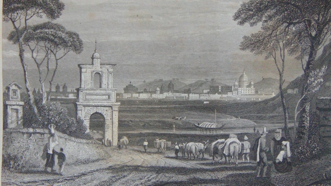 Early Engraving of Rome Italy: Early Engraving of Rome Italy Artist: Samuel Prout Print Type: Engraving Date: C1830 Origin: British Dimensions: 4.1/2 x 7 3/4" Provenance: Hill House Print