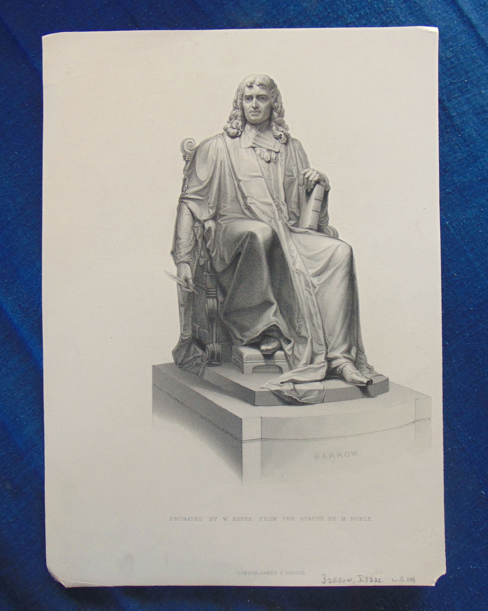 Isaac Barrow (1630-1677) - Engraving: Statue of Isaac Barrow (1630-1677) Statue by M. Noble Removed from New York Public Library Print collections May 15, 1935. Isaac Barrow (1630-1677) was an English theologian, mathematician, and schola