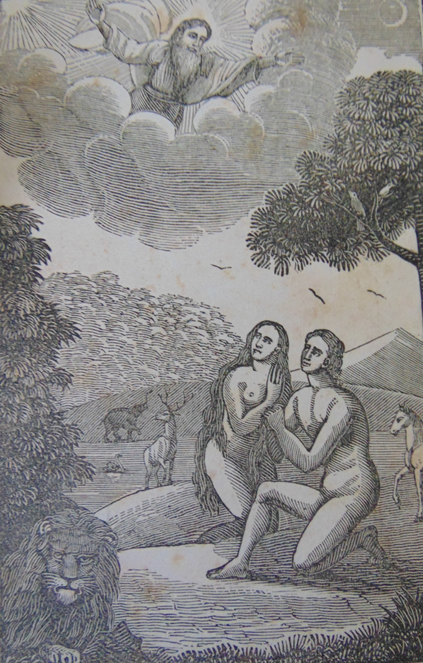 Adam and Eve and the Angel of the Lord: Adam and Eve and the Angel of the Lord "O Come let us Worship and bow down: Let us kneel before the Lord our Maker. Rare. Print Type: Wood Engraving Date: 1837 Dimensions: 6 x 4"<